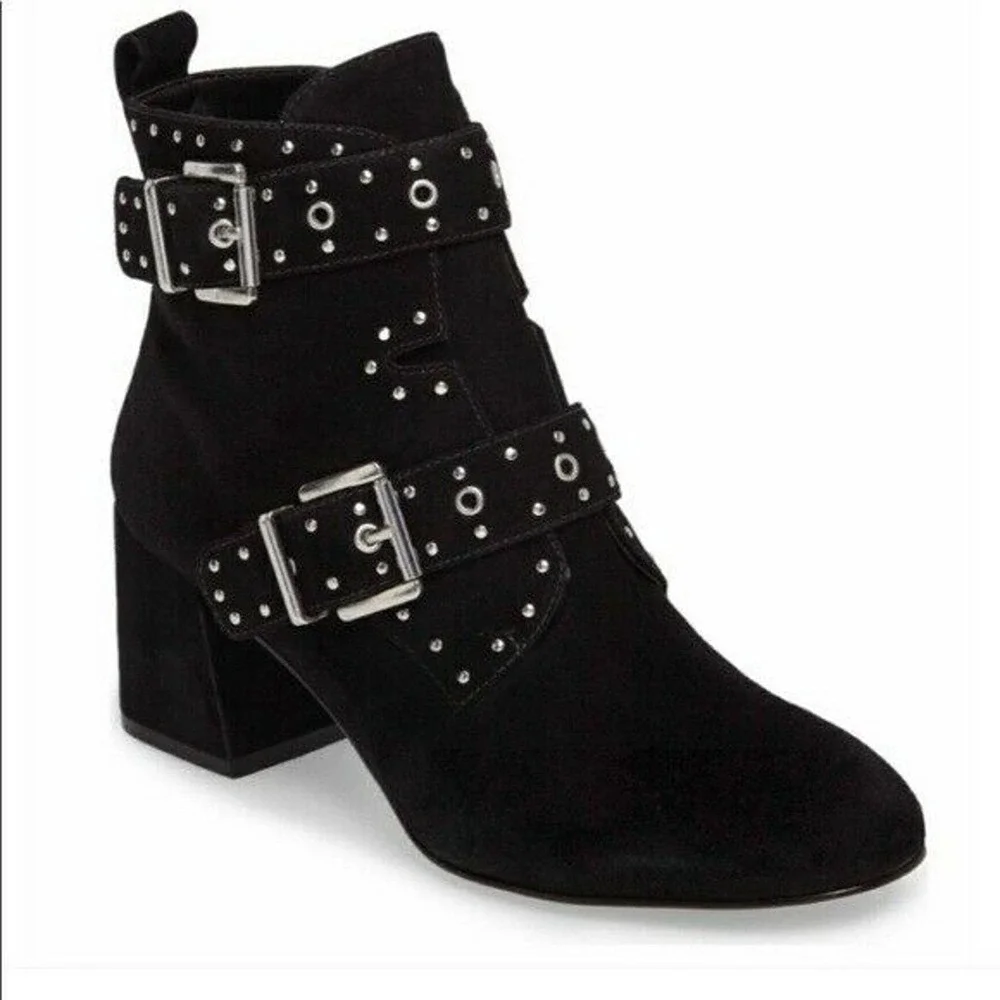 Rebecca Minkoff Logan Studded Booties Shoes Sz 7.5 Black Suede Buckle Strap Zip